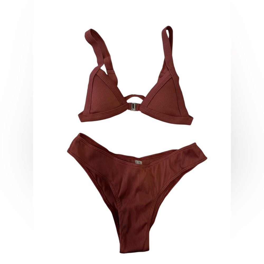 Zaful Rust Brown Ribbed Bikini Set—Triangle Top + High Cut Bottoms